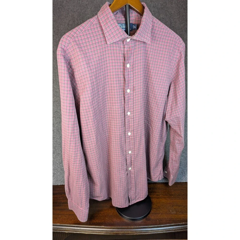 Polo Ralph Lauren Stanton Custom Fit Button Front Shirt Mens XL Pink Plaid Cotto